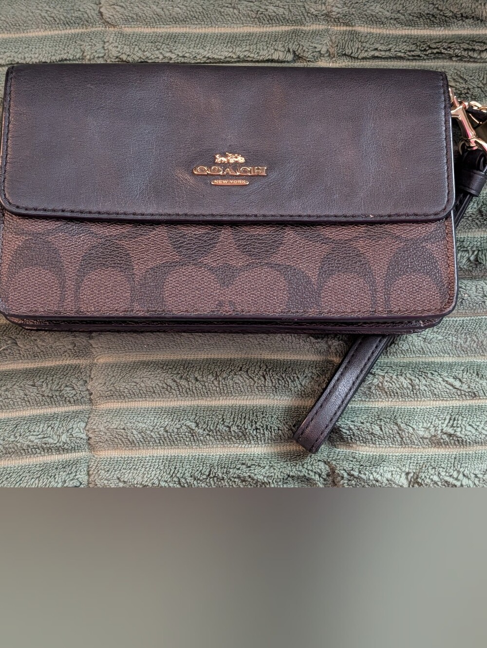 Coach Brown and Black Signature Canvas Leather Wristlet